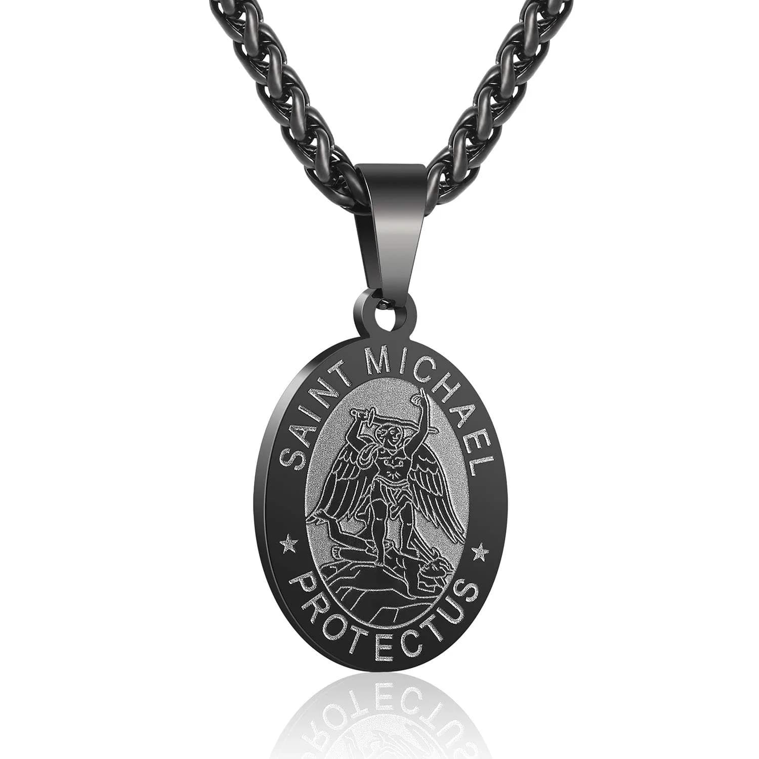 P. BLAKE Black Saint Michael Pendant Necklace with 24-inch Wheat Chain | Religious Medal Jewelry for Men — Black