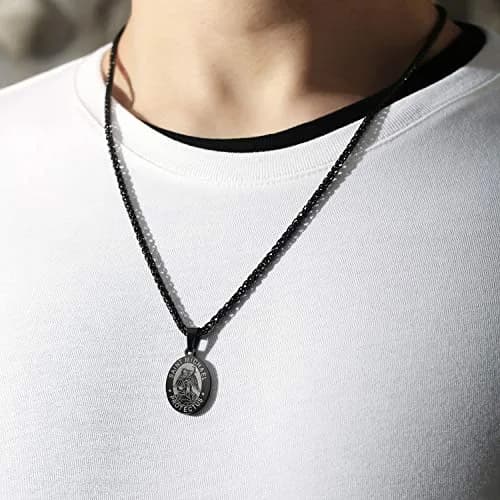 P. BLAKE Black Saint Michael Pendant Necklace with 24-inch Wheat Chain | Religious Medal Jewelry for Men thumbnail 2
