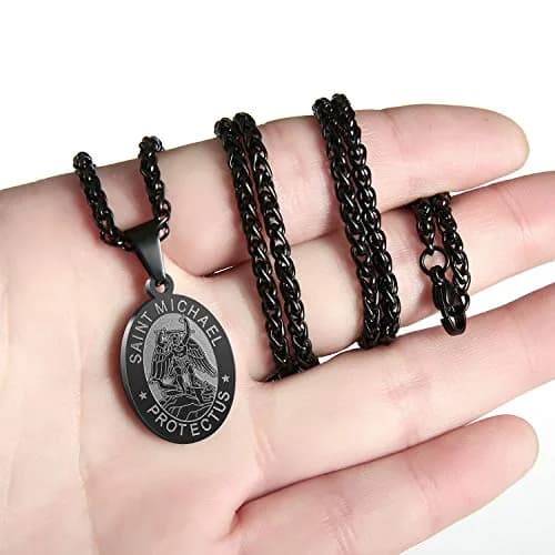 P. BLAKE Black Saint Michael Pendant Necklace with 24-inch Wheat Chain | Religious Medal Jewelry for Men thumbnail 3