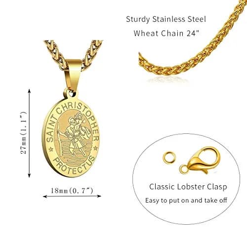 P. BLAKE Gold St Christopher Medal Necklace for Men & Boys, 24 inch (61 cm) Chain | Religious Catholic Jewelry thumbnail 5