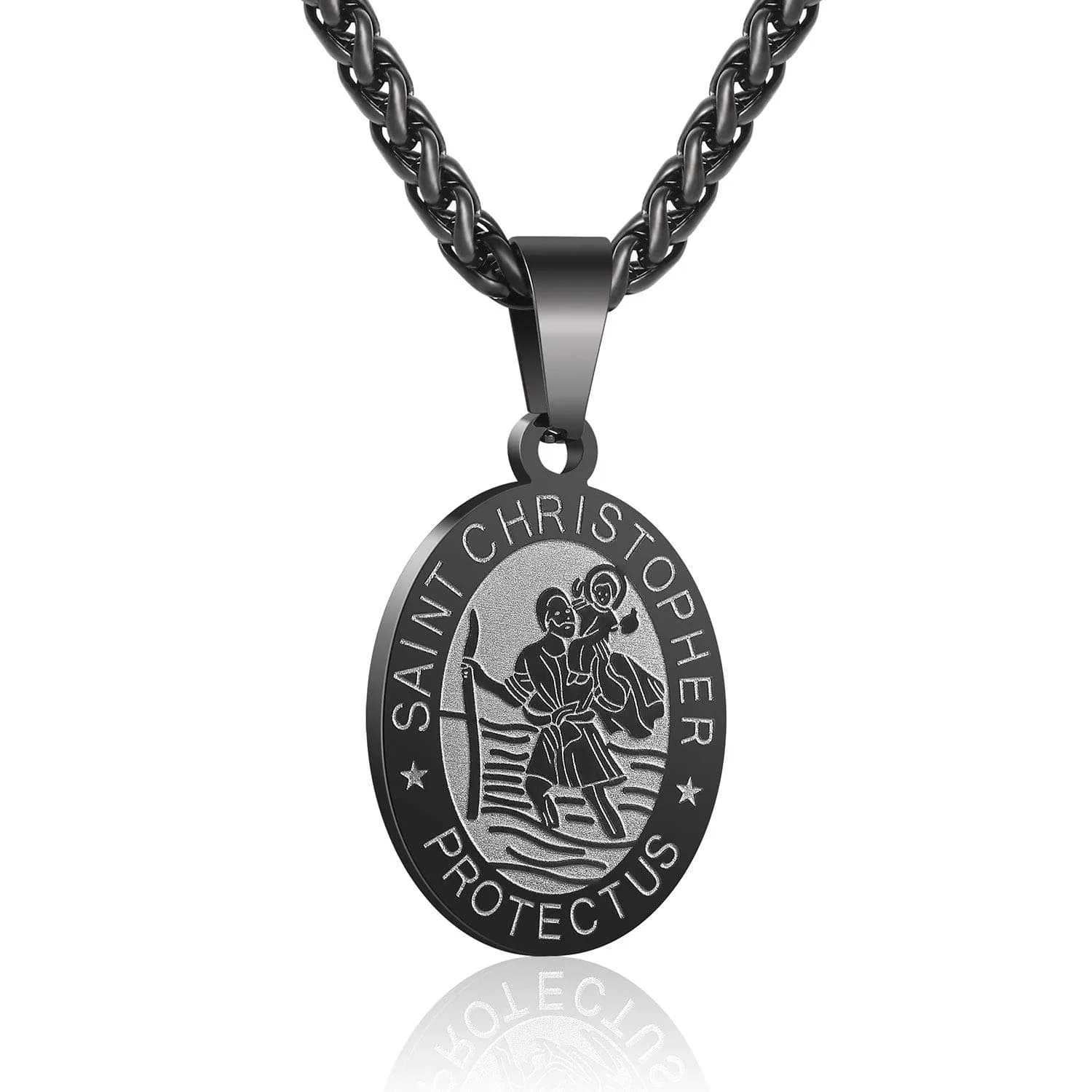 P. BLAKE Saint Christopher Medal Necklace for Men Teen Boys | Hypoallergenic Stainless Steel, 24 Inch Wheat Chain, Black Pendant (61cm) — Black