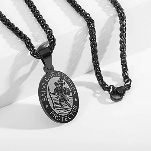P. BLAKE Saint Christopher Medal Necklace for Men Teen Boys | Hypoallergenic Stainless Steel, 24 Inch Wheat Chain, Black Pendant (61cm) thumbnail 4