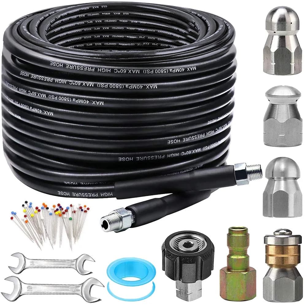 ZOFINE Sewer Jetter Kit for Pressure Washer 100FT | 15.24 m (100 ft) Drain Cleaner Hose with 6 Nozzles, Couplers & Tools