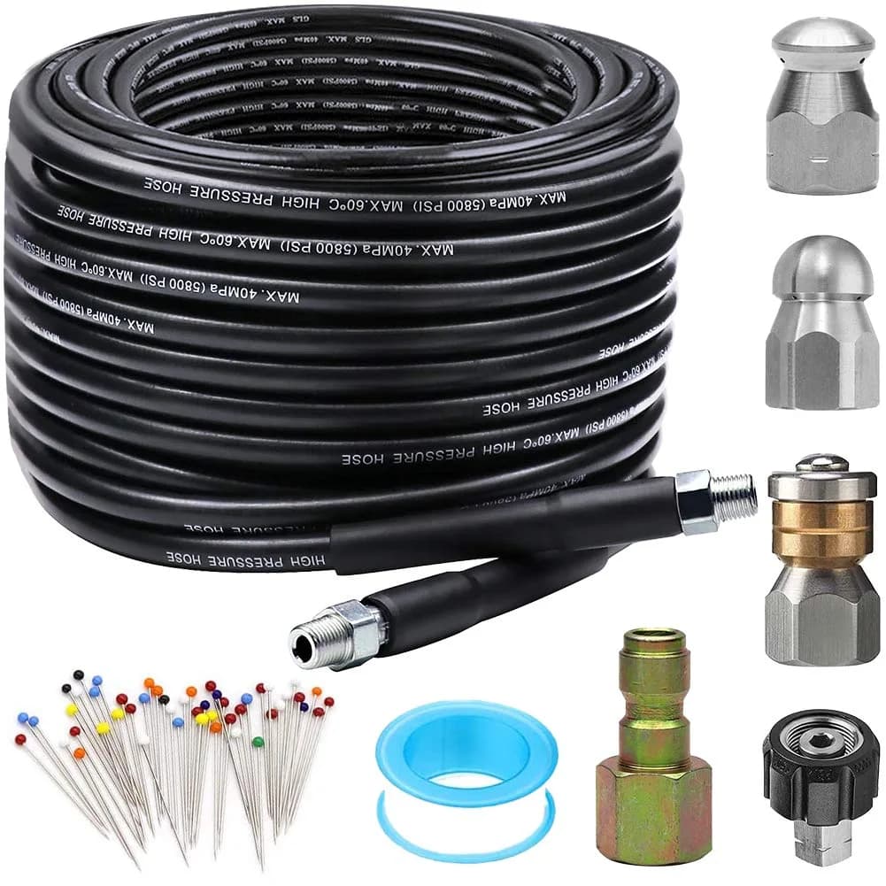 ZOFINE Sewer Jetter Kit for Pressure Washer 50ft (15.24m) Drain Cleaner Hose with 6 Nozzles & Couplers | Clears Blockages Up To 5800 PSI — 50FT