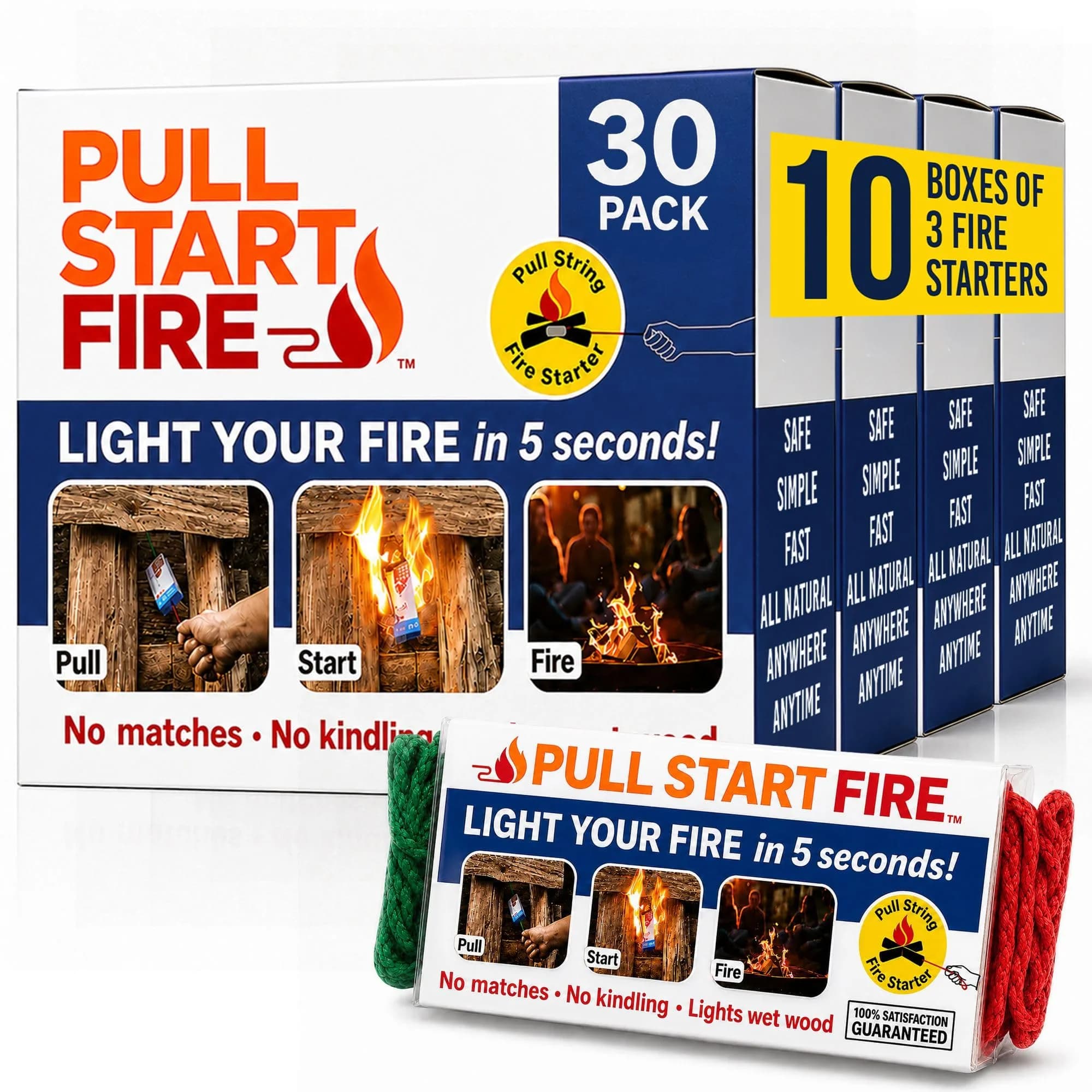 Pull Start Fire Starter, No Matches, Lights Wet Wood, 30 Count | Reliable Waterproof Fire Ignition
