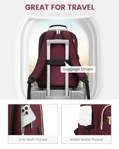 LOVEVOOK Laptop Backpack Purse for Women, 15.6 Inch, Quilted Casual Daypack with USB Port, Water-Resistant Nylon, Wine Red thumbnail 4