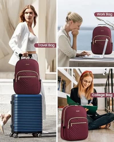 LOVEVOOK Laptop Backpack Purse for Women, 15.6 Inch, Quilted Casual Daypack with USB Port, Water-Resistant Nylon, Wine Red thumbnail 8