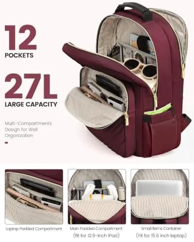 LOVEVOOK Laptop Backpack Purse for Women, 15.6 Inch, Quilted Casual Daypack with USB Port, Water-Resistant Nylon, Wine Red thumbnail 2