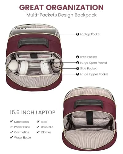 LOVEVOOK Laptop Backpack Purse for Women, 15.6 Inch, Quilted Casual Daypack with USB Port, Water-Resistant Nylon, Wine Red thumbnail 3