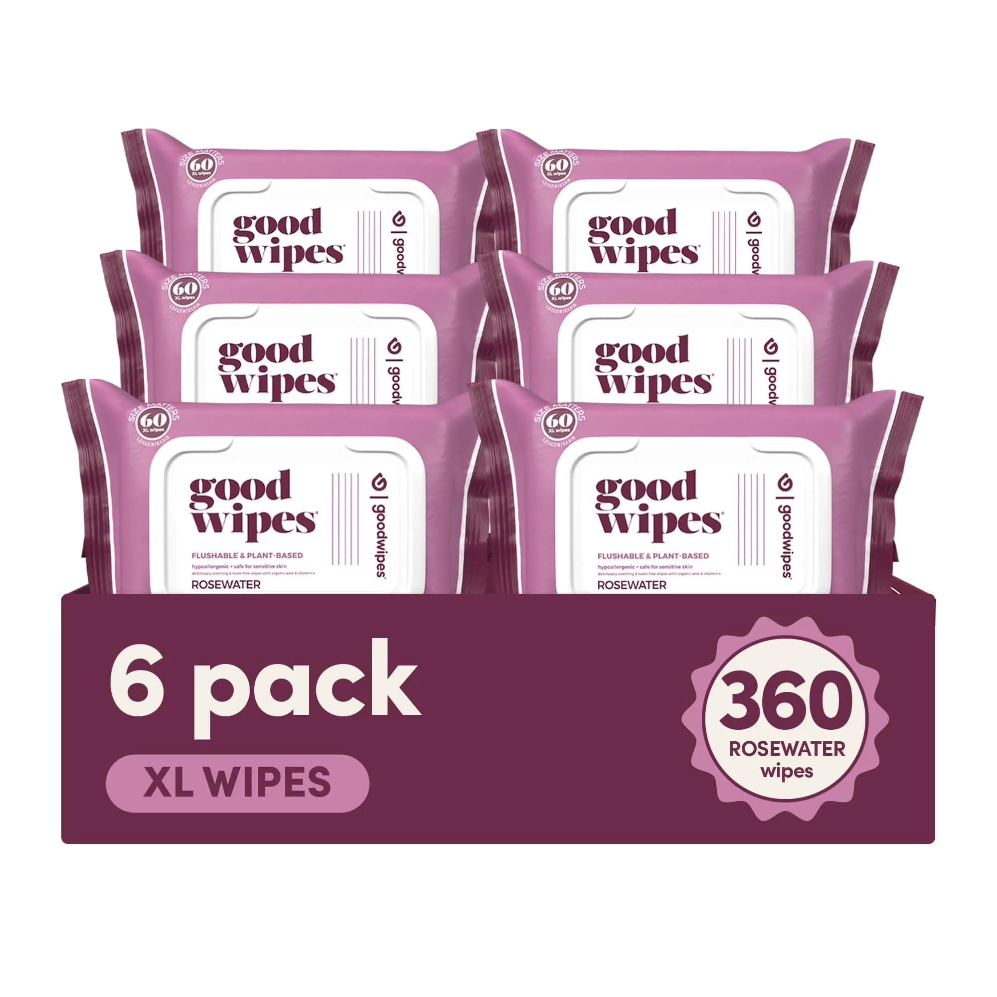 goodwipes Flushable Wipes Rosewater Scent 360 Count (60 Wipes x 6 Packs) | Septic Safe & Biodegradable — Rose