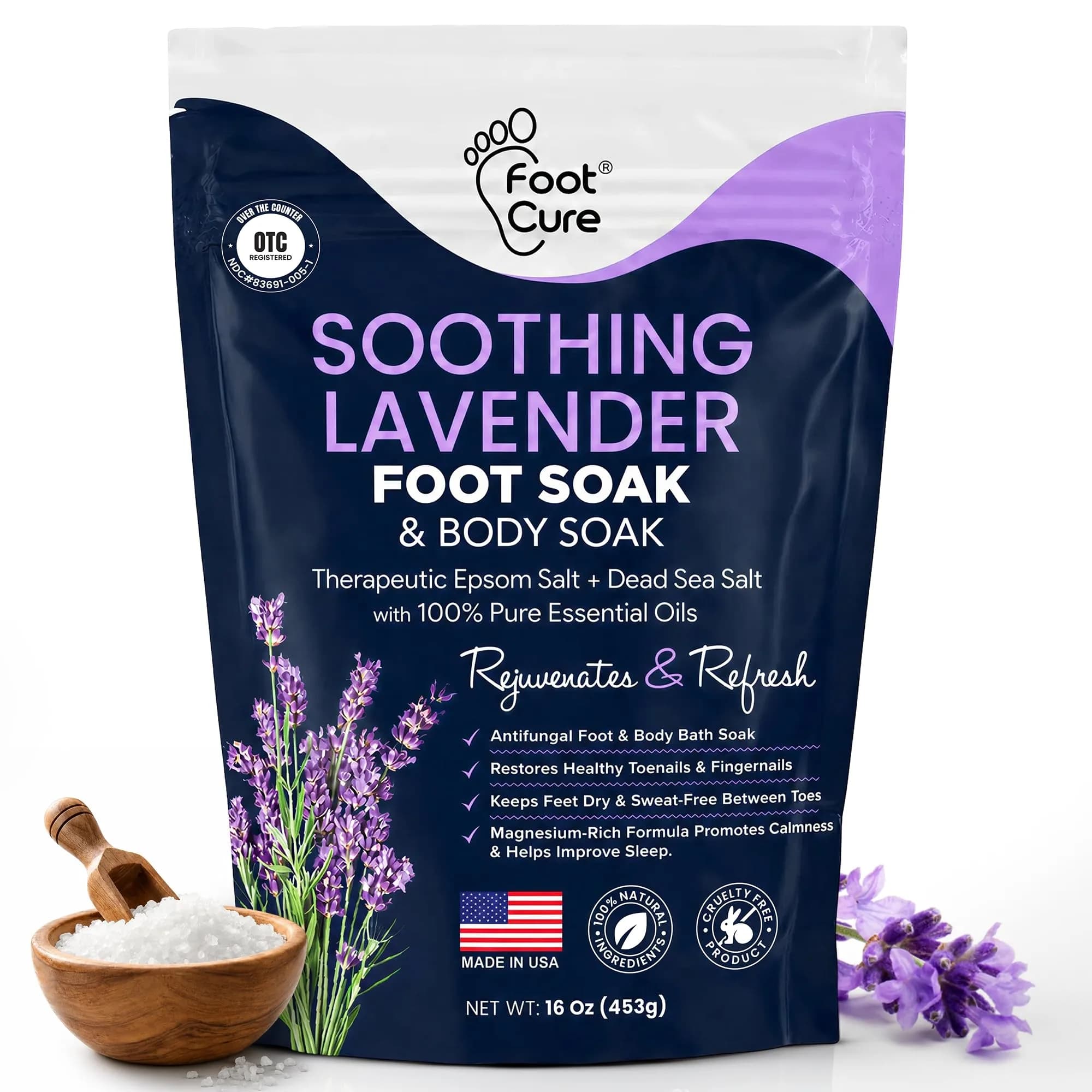 FOOT CURE Soothing Lavender Epsom Salt Foot Soak 473ml (16 Fl Oz) | Night Time Relaxation - main product image