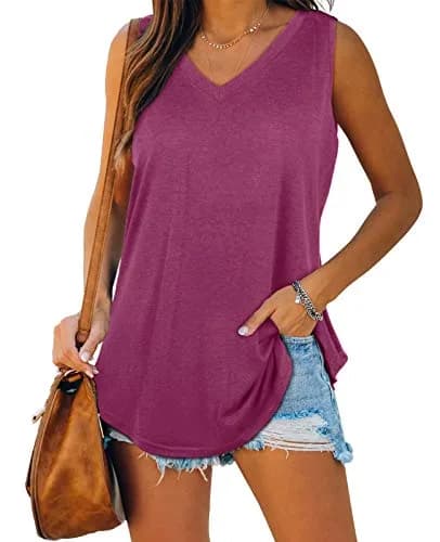 XIEERDUO Tank Top Women Loose Fitting V Neck Summer Sleeveless Tee Purple S | Breathable, Elastic, Casual Fit thumbnail 1
