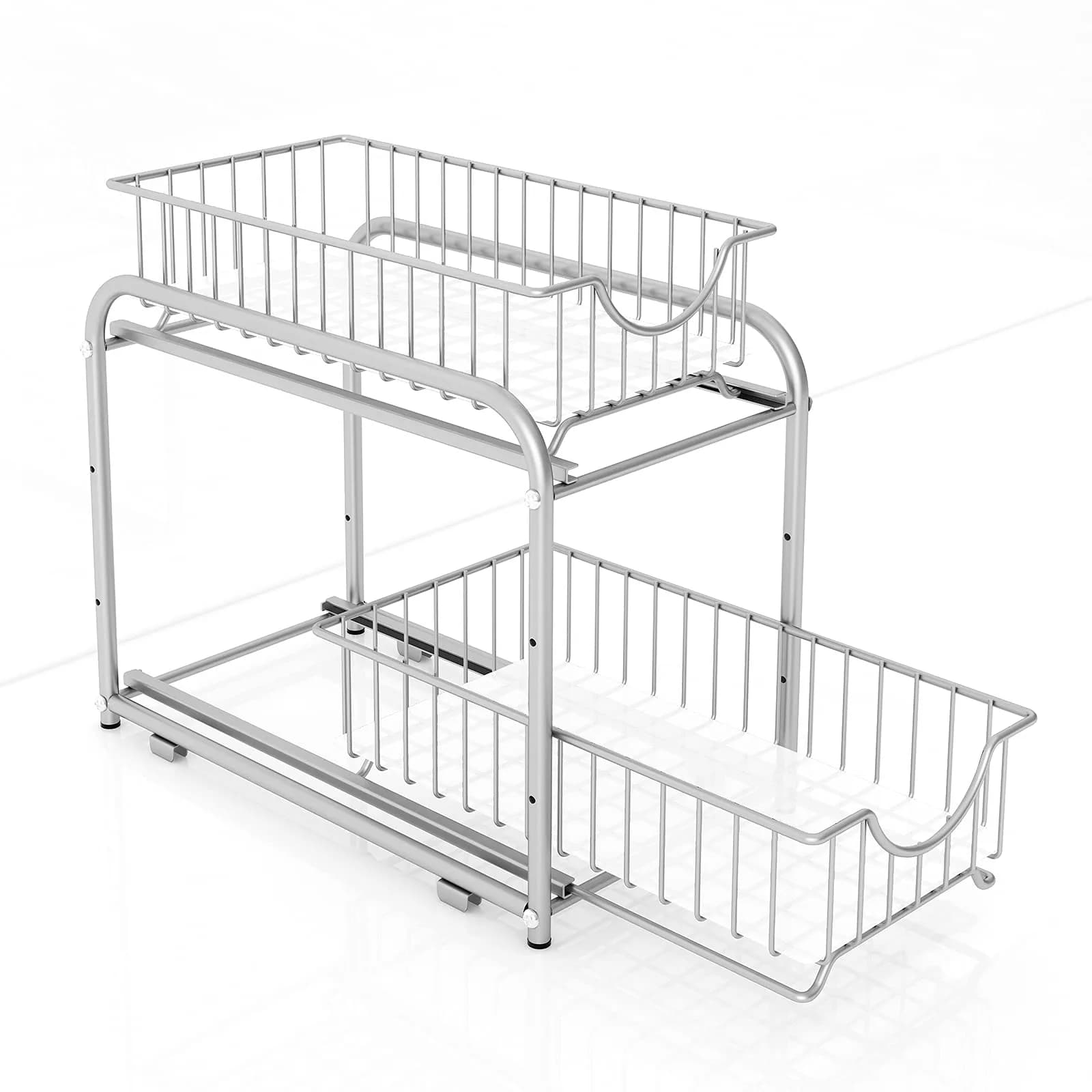 AIYAKA 2-Tier Pull Out Organizer Under Sink Sliding Cabinet Rack | Silver, Metal, Space-Saving