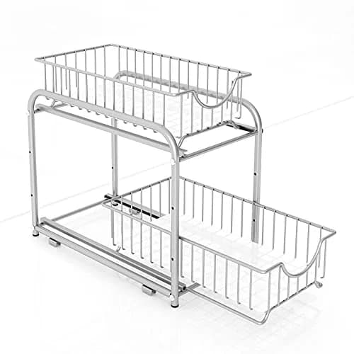 AIYAKA 2-Tier Pull Out Organizer Under Sink Sliding Cabinet Rack | Silver, Metal, Space-Saving thumbnail 1