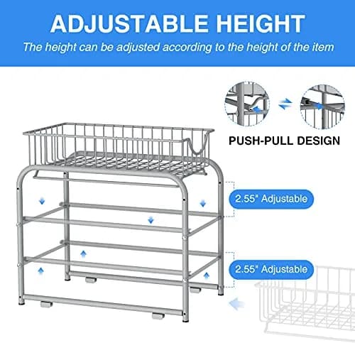 AIYAKA 2-Tier Pull Out Organizer Under Sink Sliding Cabinet Rack | Silver, Metal, Space-Saving thumbnail 5