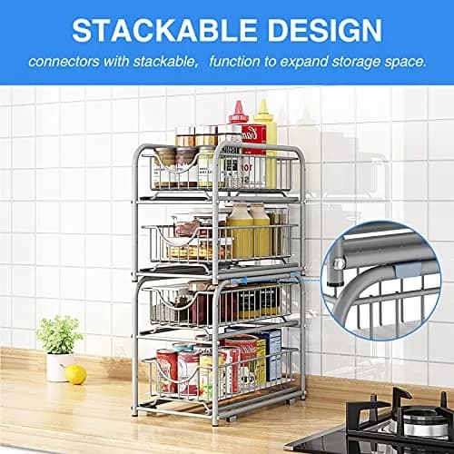 AIYAKA 2-Tier Pull Out Organizer Under Sink Sliding Cabinet Rack | Silver, Metal, Space-Saving thumbnail 6