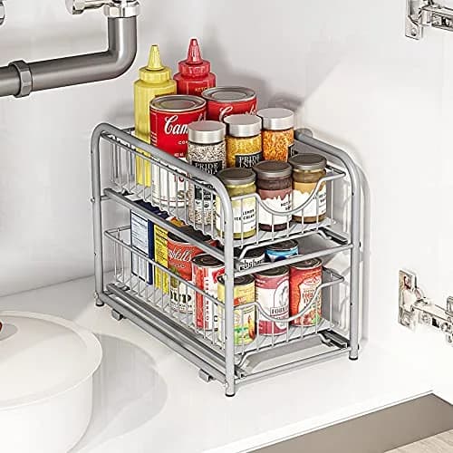 AIYAKA 2-Tier Pull Out Organizer Under Sink Sliding Cabinet Rack | Silver, Metal, Space-Saving thumbnail 2