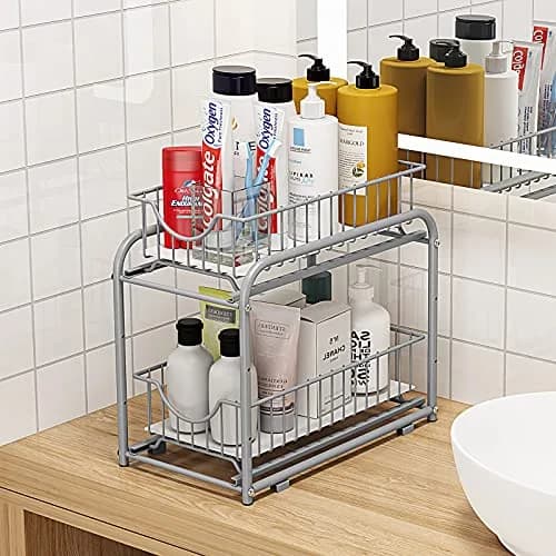 AIYAKA 2-Tier Pull Out Organizer Under Sink Sliding Cabinet Rack | Silver, Metal, Space-Saving thumbnail 3