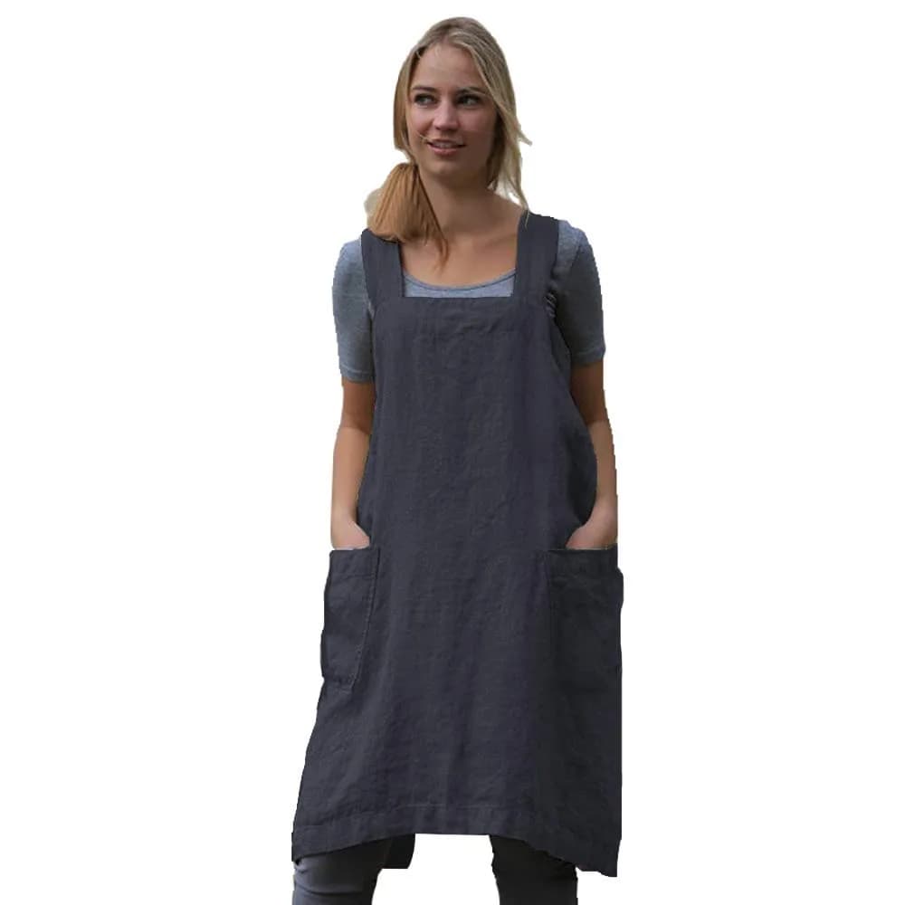 Larmliss Women's Pinafore Apron | Cross Back Cotton Linen Dress with 2 Pockets — Y-dark Gray