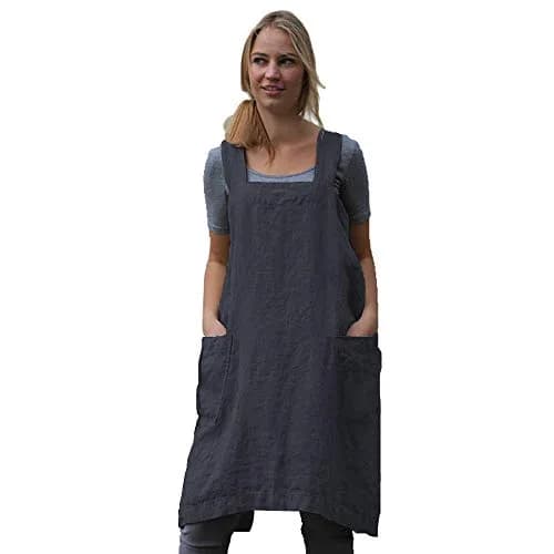 Larmliss Women's Pinafore Apron | Cross Back Cotton Linen Dress with 2 Pockets thumbnail 1