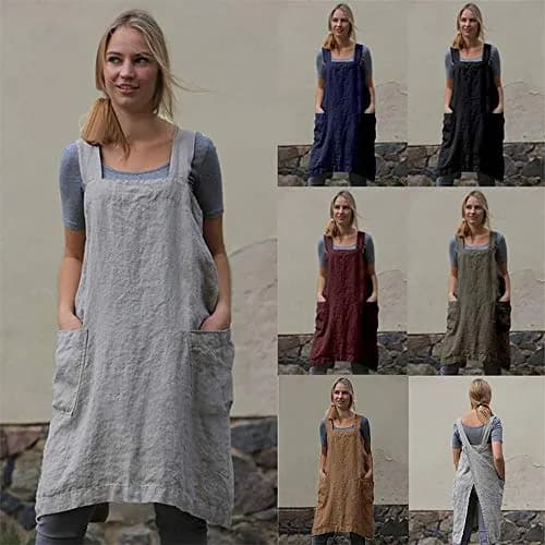 Larmliss Women's Pinafore Apron | Cross Back Cotton Linen Dress with 2 Pockets thumbnail 6