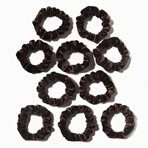 LFOUVRE Small Velvet Scrunchies 10-Pack | Mini Thin Elastic Hair Ties for Thick and Thin Hair, Coffee thumbnail 4