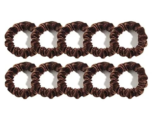LFOUVRE Small Velvet Scrunchies 10-Pack | Mini Thin Elastic Hair Ties for Thick and Thin Hair, Coffee thumbnail 1