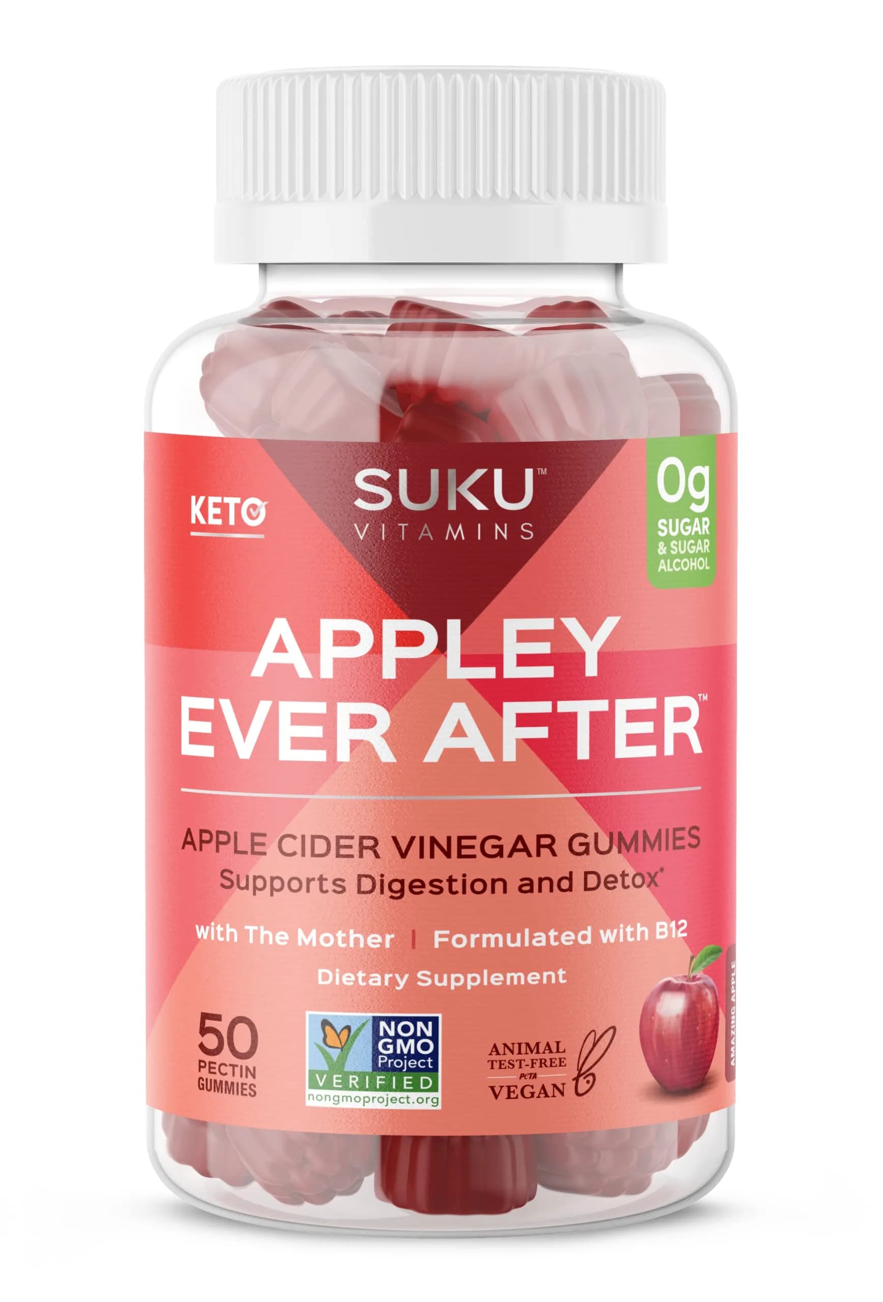 SUKU Apple Cider Vinegar Gummies with Mother, 1020mg, Sugar Free | Supports Gut & Immune Health