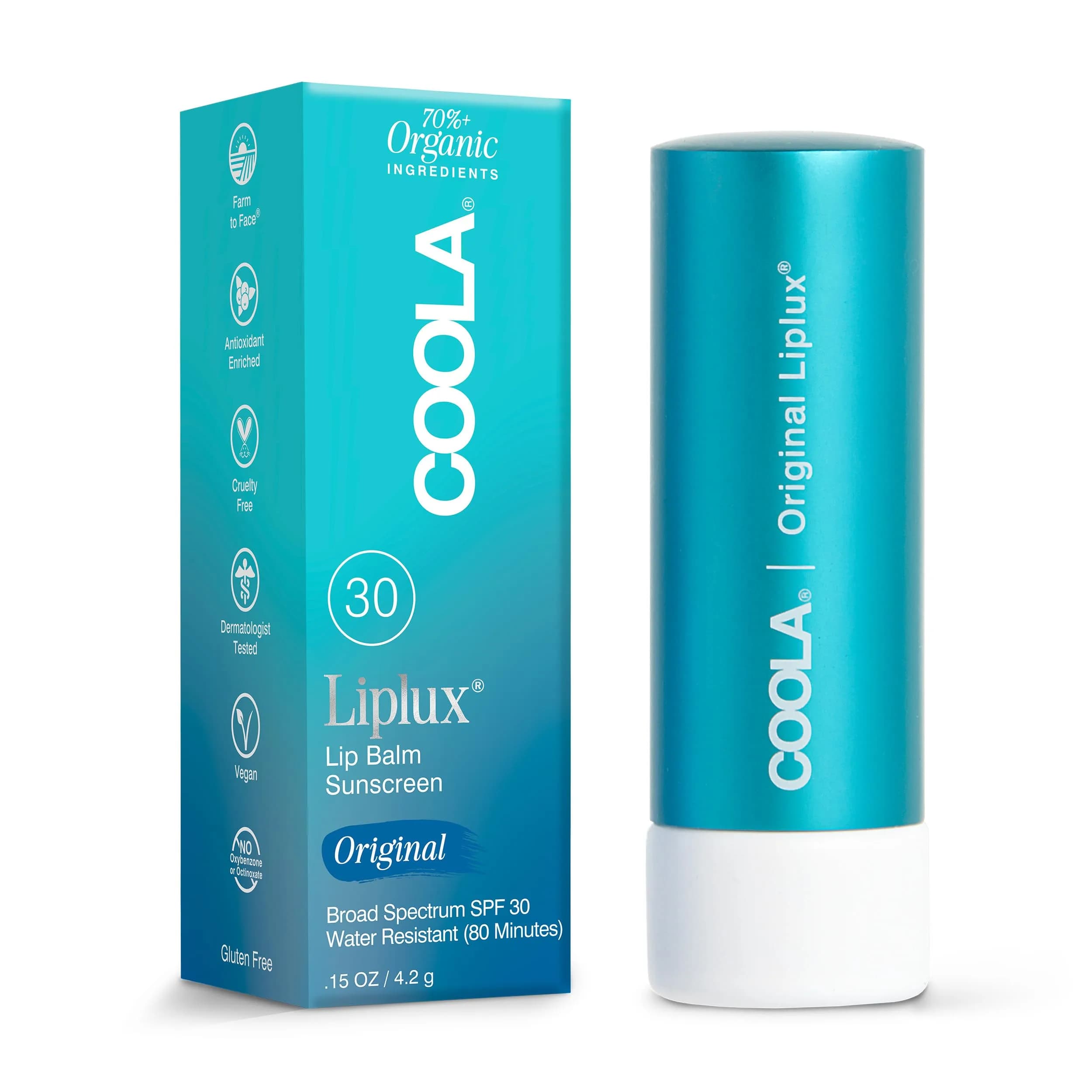 COOLA Liplux SPF 30 Organic Lip Balm Sunscreen 0.15 oz | Hydrating, Water-Resistant & Vegan — Original