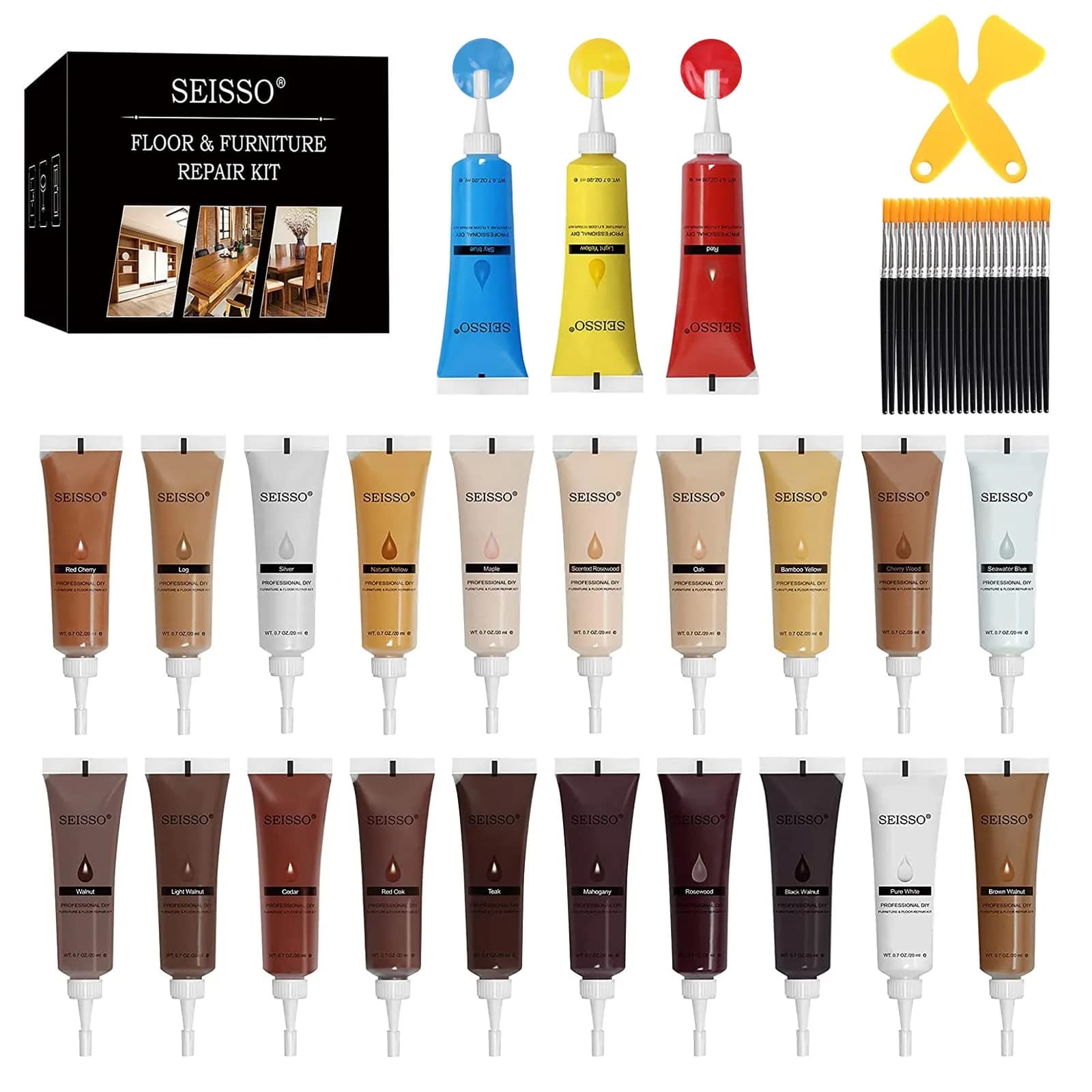 SEISSO Wood Furniture Repair Kit -Set of 50, 24 Colors Wood Touch up Fillers, Wood Repair Paint with Scraper and Brushes, Repair Scratches, Cracks, Stains, Hole — 24 Colors
