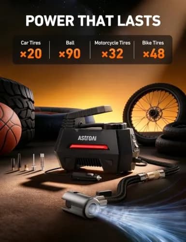 AstroAI AIRUN H Tire Inflator Portable Air Compressor 12V DC 35L/min | Fast Inflation for Car, Motorcycle, Bike Tires thumbnail 4