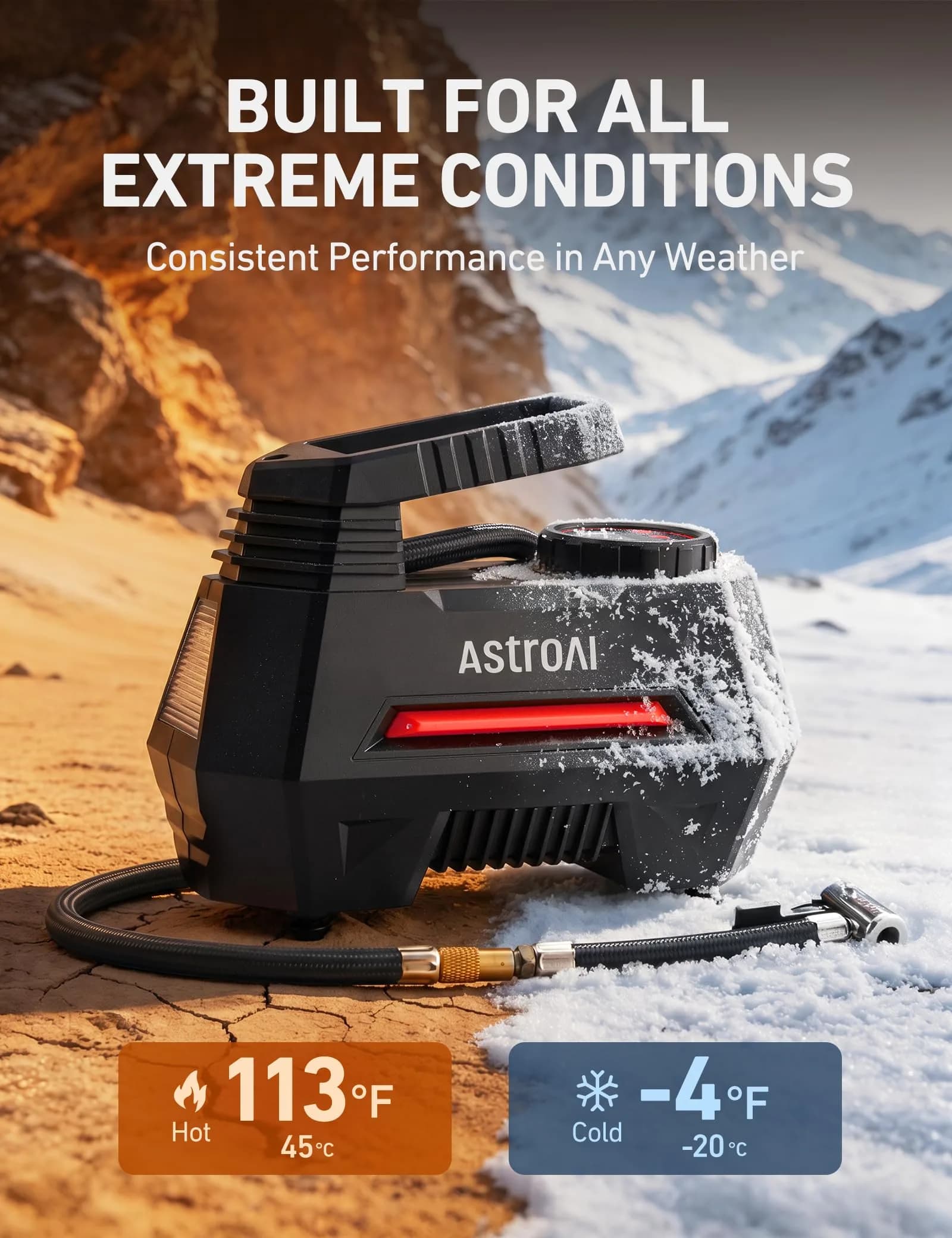 AstroAI AIRUN H Tire Inflator Portable Air Compressor 12V DC 35L/min | Fast Inflation for Car, Motorcycle, Bike Tires - view 6