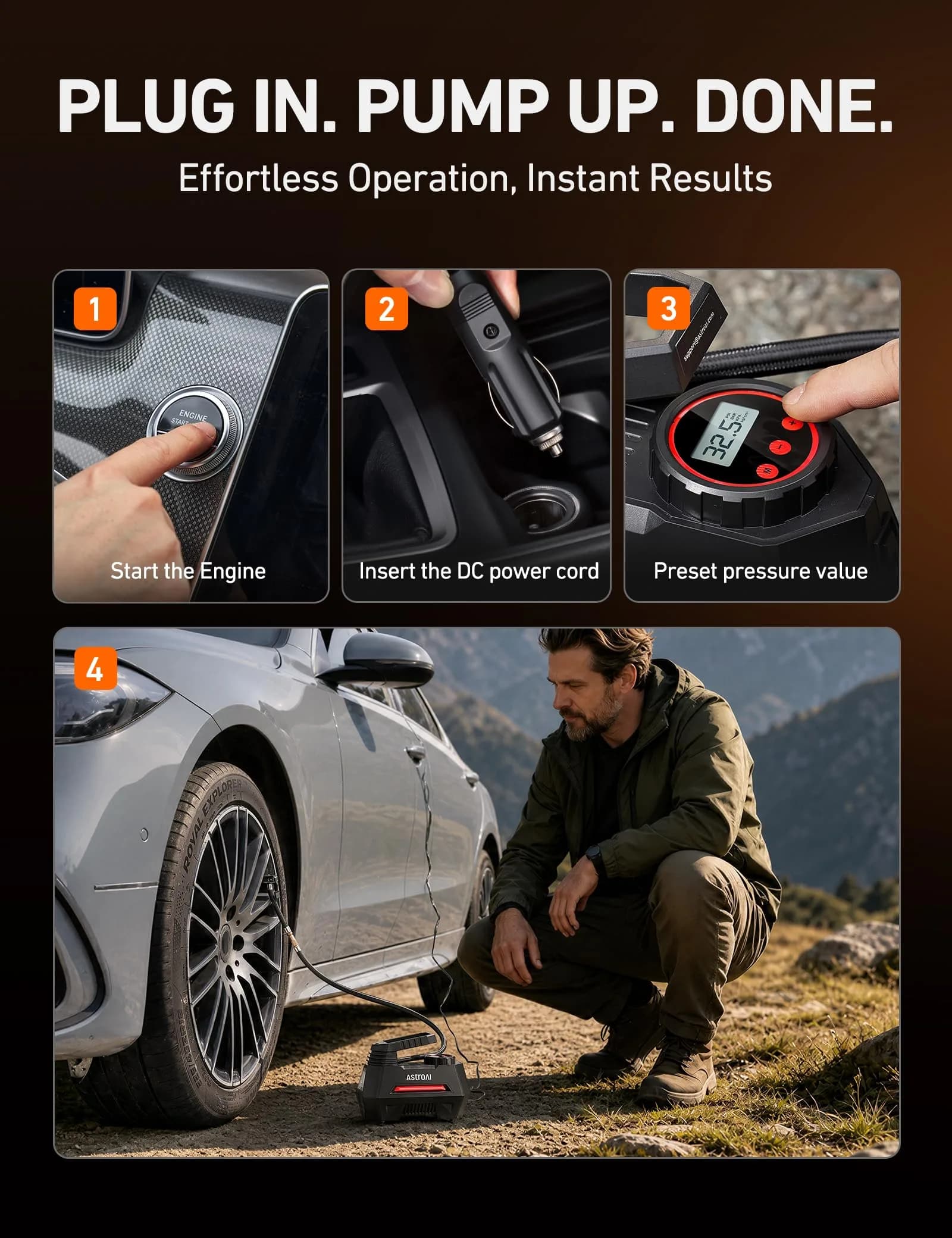 AstroAI AIRUN H Tire Inflator Portable Air Compressor 12V DC 35L/min | Fast Inflation for Car, Motorcycle, Bike Tires - view 7