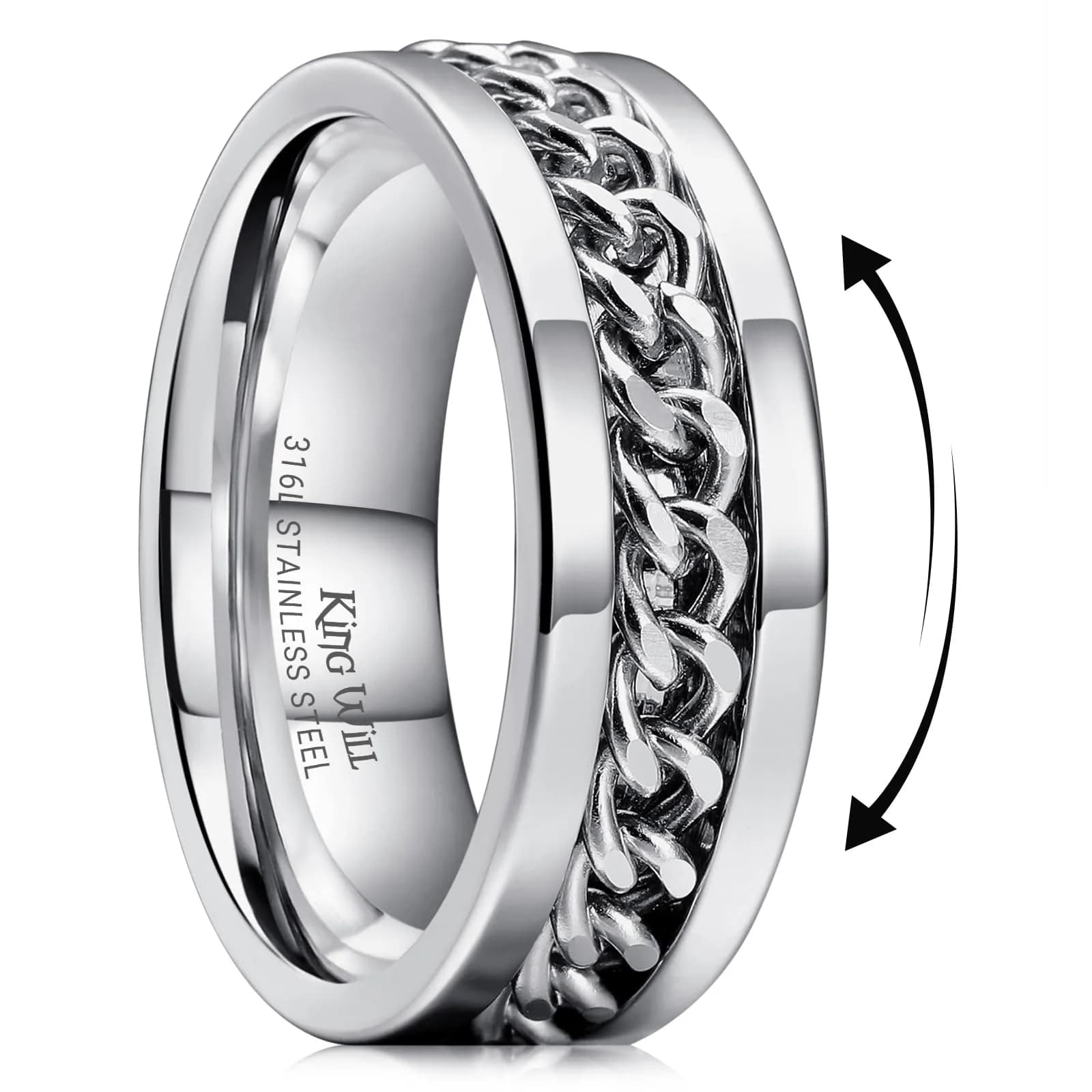 King Will Stainless Steel Fidget Ring 8mm Silver Chain Spin Size 7.5 (19mm) | Anxiety Relief Spinner Band — B-Silver Plated