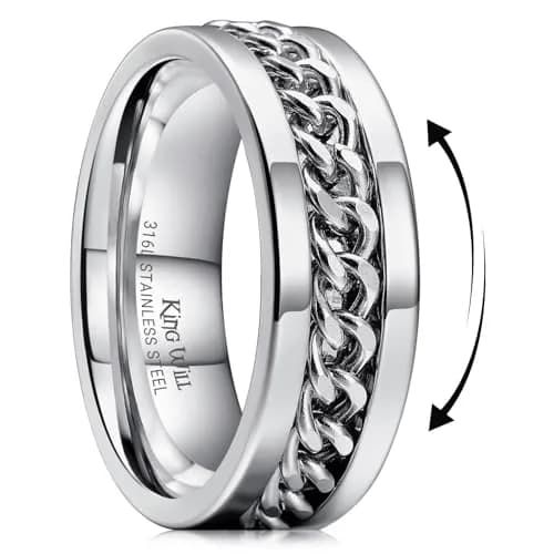King Will Stainless Steel Fidget Ring 8mm Silver Chain Spin Size 7.5 (19mm) | Anxiety Relief Spinner Band thumbnail 1