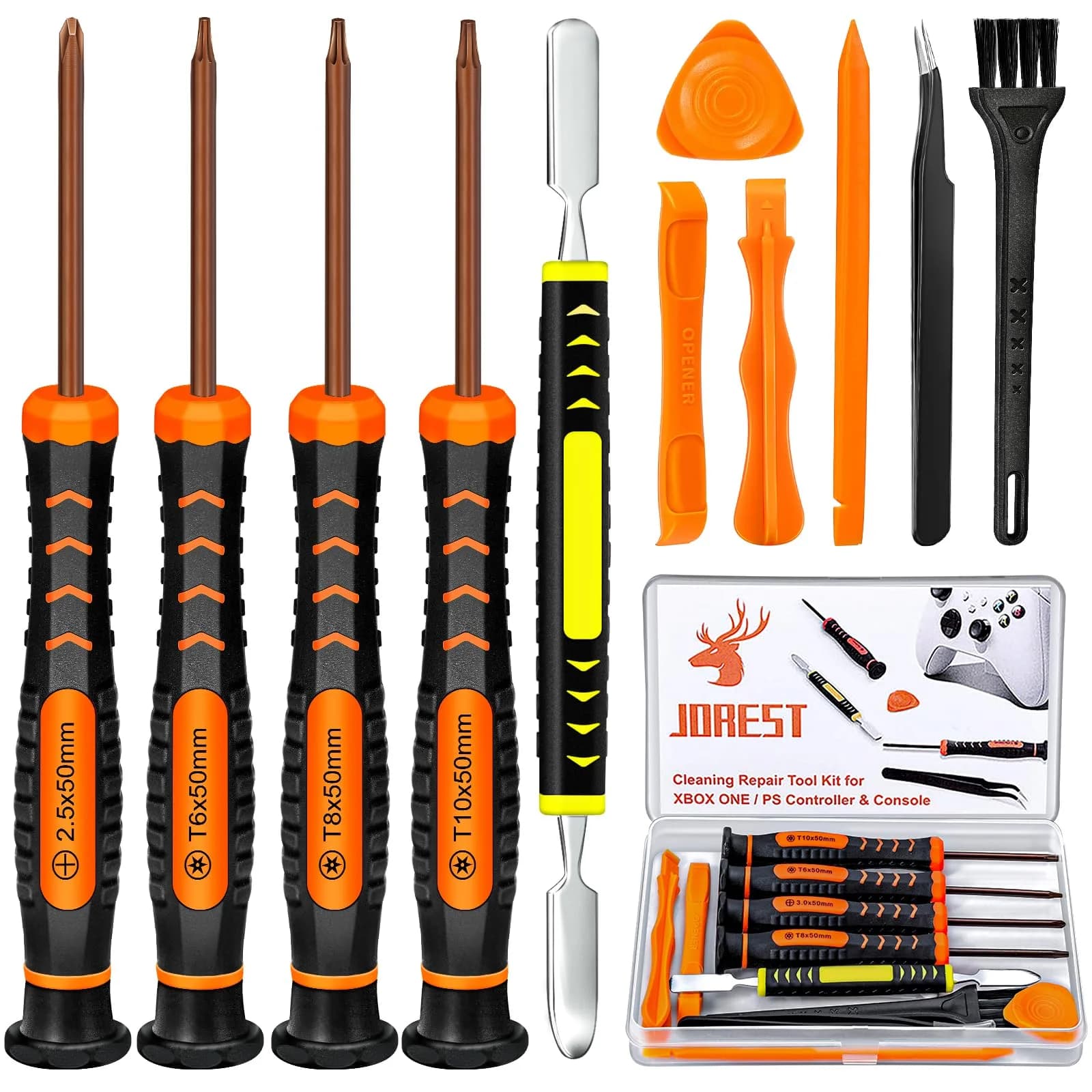 Jorest Repair Kit for Xbox One/360/X PS4 PS3 PS5 Controllers & Consoles | PH0 T6 T8 T10 Screwdrivers, Crowbars, Tweezers, Brush (17-Piece) - main product image