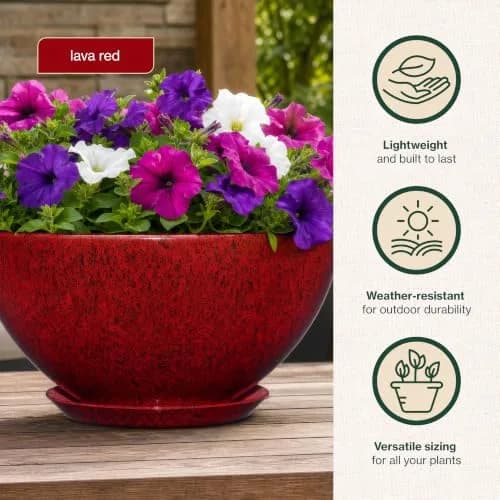 GROWSCAPE Rosie Planter Bowl, 10” Lava Red | Weather-Resistant Resin with Drainage thumbnail 2