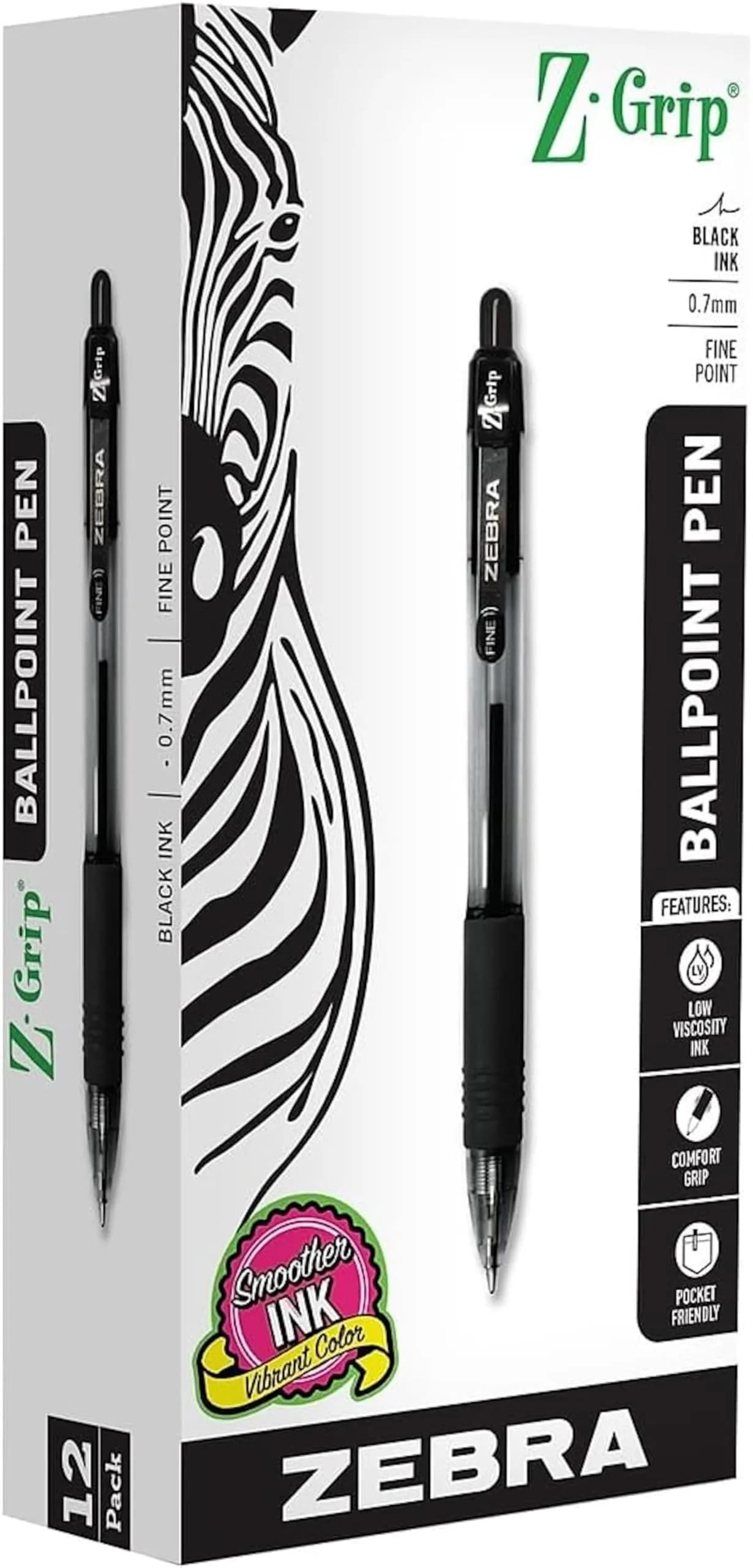 Zebra Pen Z-Grip Retractable Ballpoint Pens, Black Ink, 0.7mm Fine Point, 12-Pack | Smooth Writing for Students & Office - main product image
