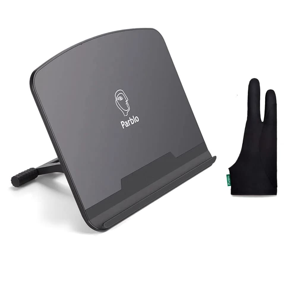 Parblo PR 100 Universal Tablet Stand with Drawing Glove, 1.74 lb (790g) | Adjustable 10-16 inch for Drawing Tablets, Laptops, Monitors — black