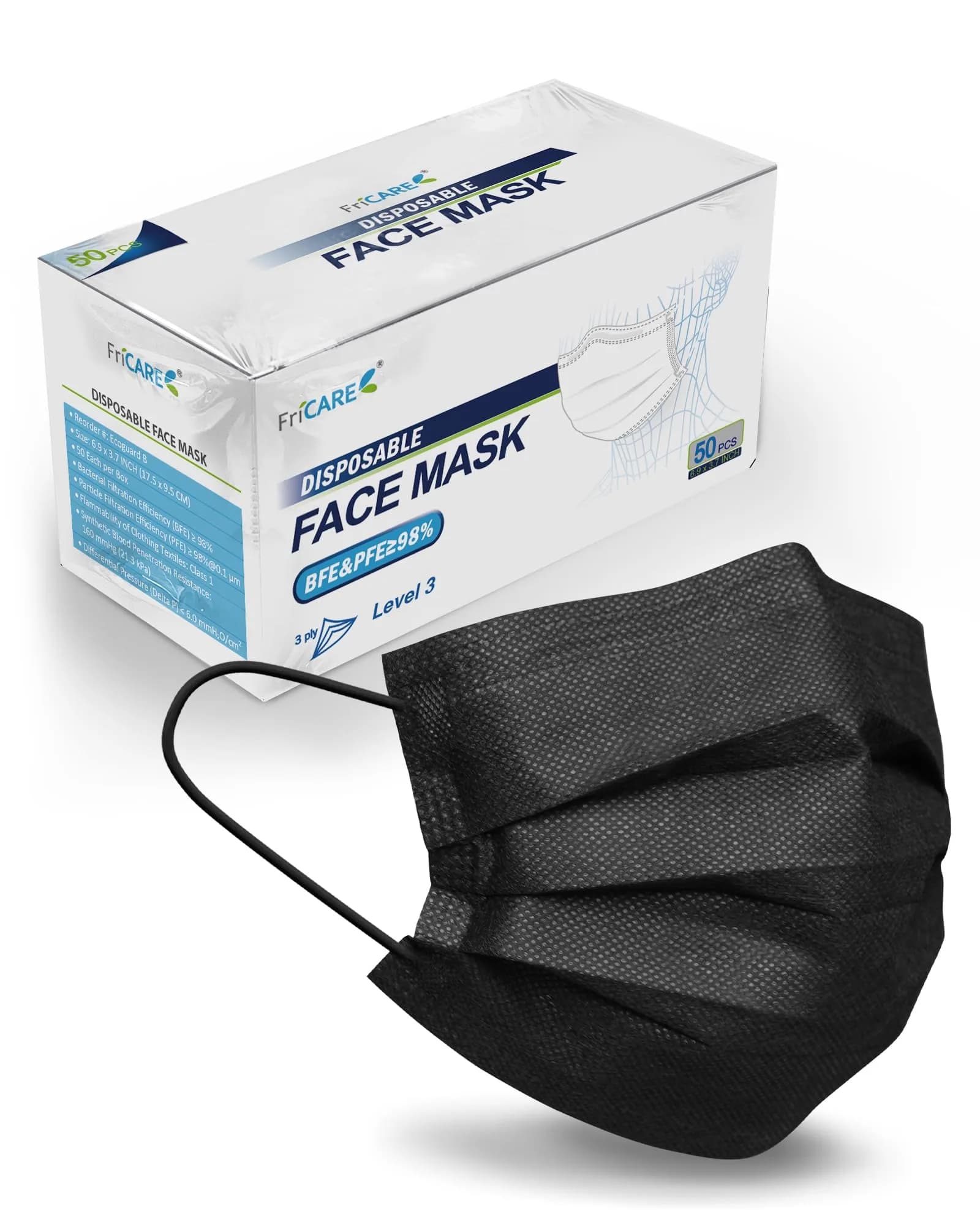 FriCARE Disposable Face Masks for Adults, 3 Ply ASTM Level 3 | Breathable & Comfortable, 50 Pack