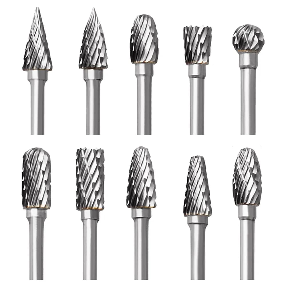 FOTYBEI Tungsten Carbide Rotary Burr Set 10PCS | Double Cut Carving Bits for Wood & Metal (45-50mm) — 8.5*6.5*1.7