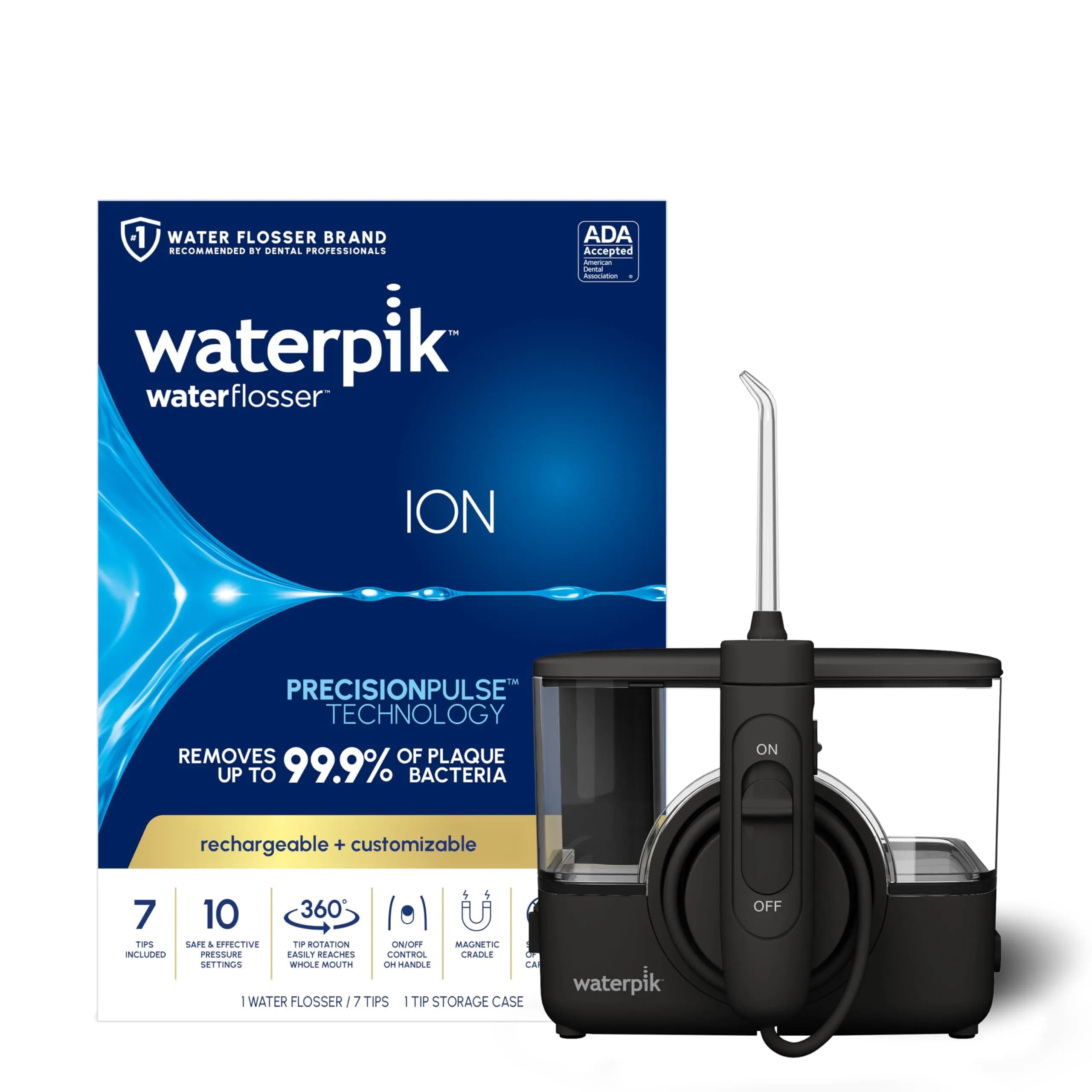 Waterpik ION Rechargeable Water Flosser with 10 Settings, 7 Tips, Black | ADA Accepted Oral Irrigator for Gum Health — Ion Black
