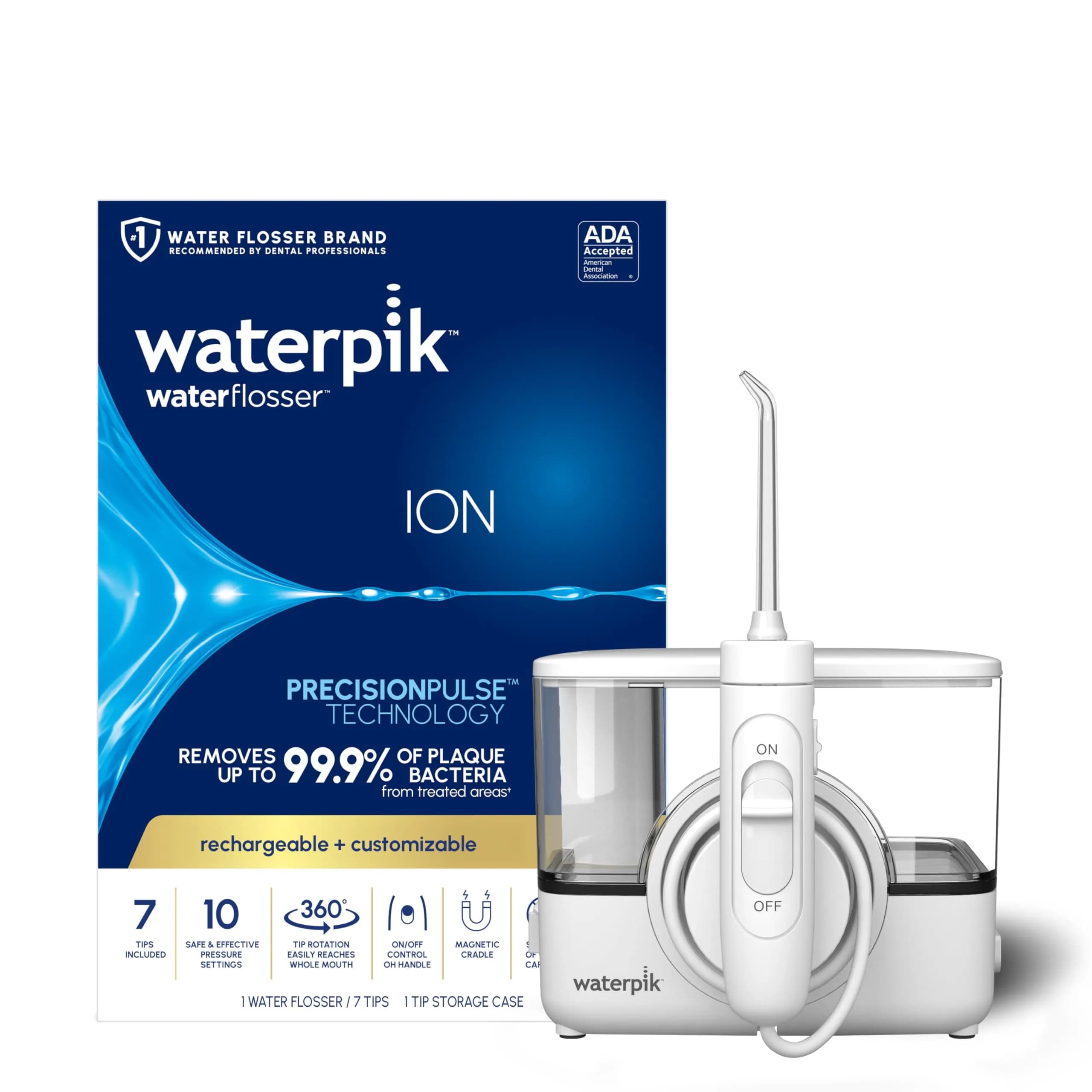 Waterpik ION Rechargeable Water Flosser with 10 Settings & 7 Tips, 591ml (20 Fl Oz) | ADA Accepted for Oral Health — Ion White