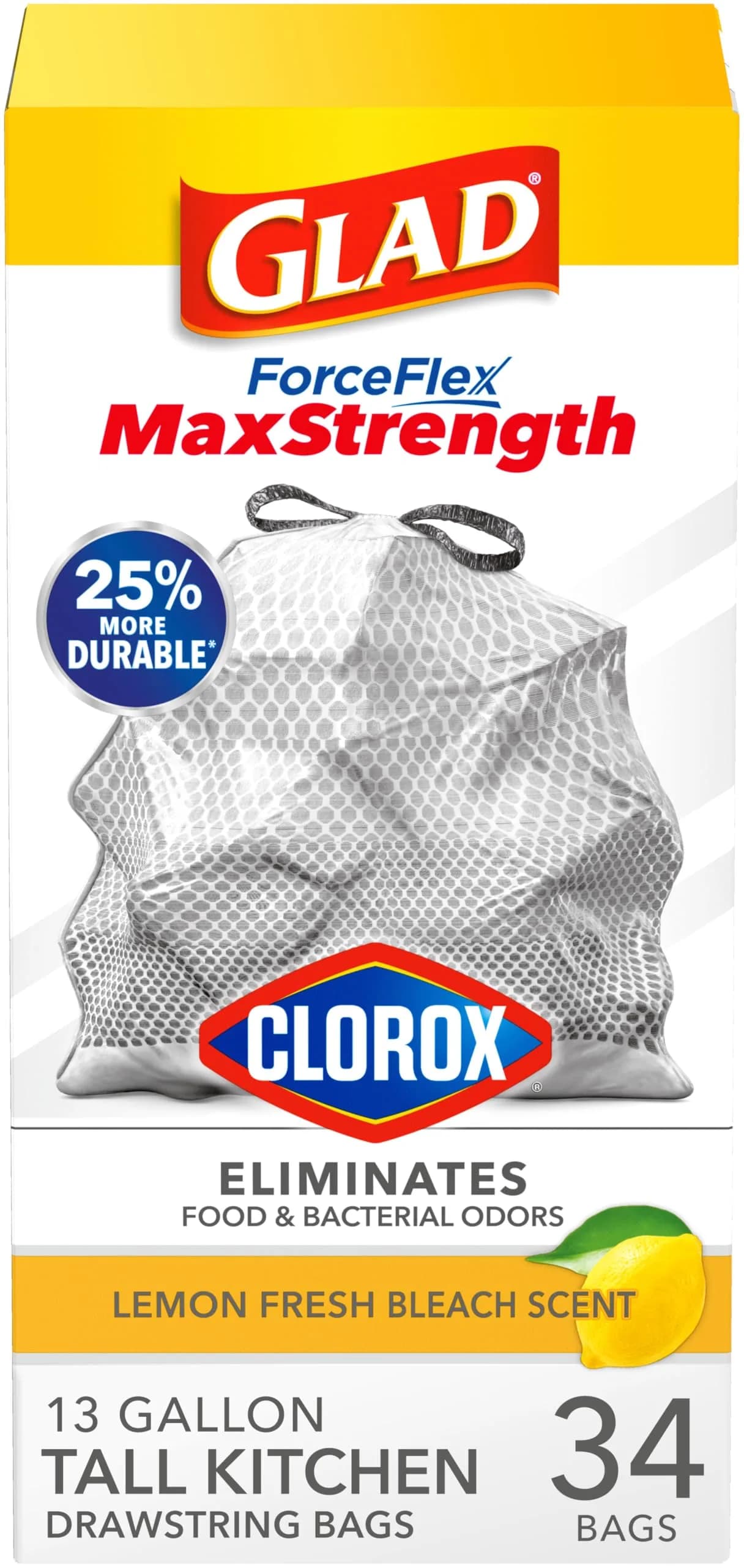 Glad ForceFlex MaxStrength Tall Kitchen Trash Bags 13 Gal (34 Count, Gray) | Odor Control with Clorox & Lemon Fresh Bleach Scent - main product image