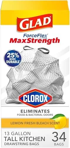 Glad ForceFlex MaxStrength Tall Kitchen Trash Bags 13 Gal (34 Count, Gray) | Odor Control with Clorox & Lemon Fresh Bleach Scent thumbnail 1