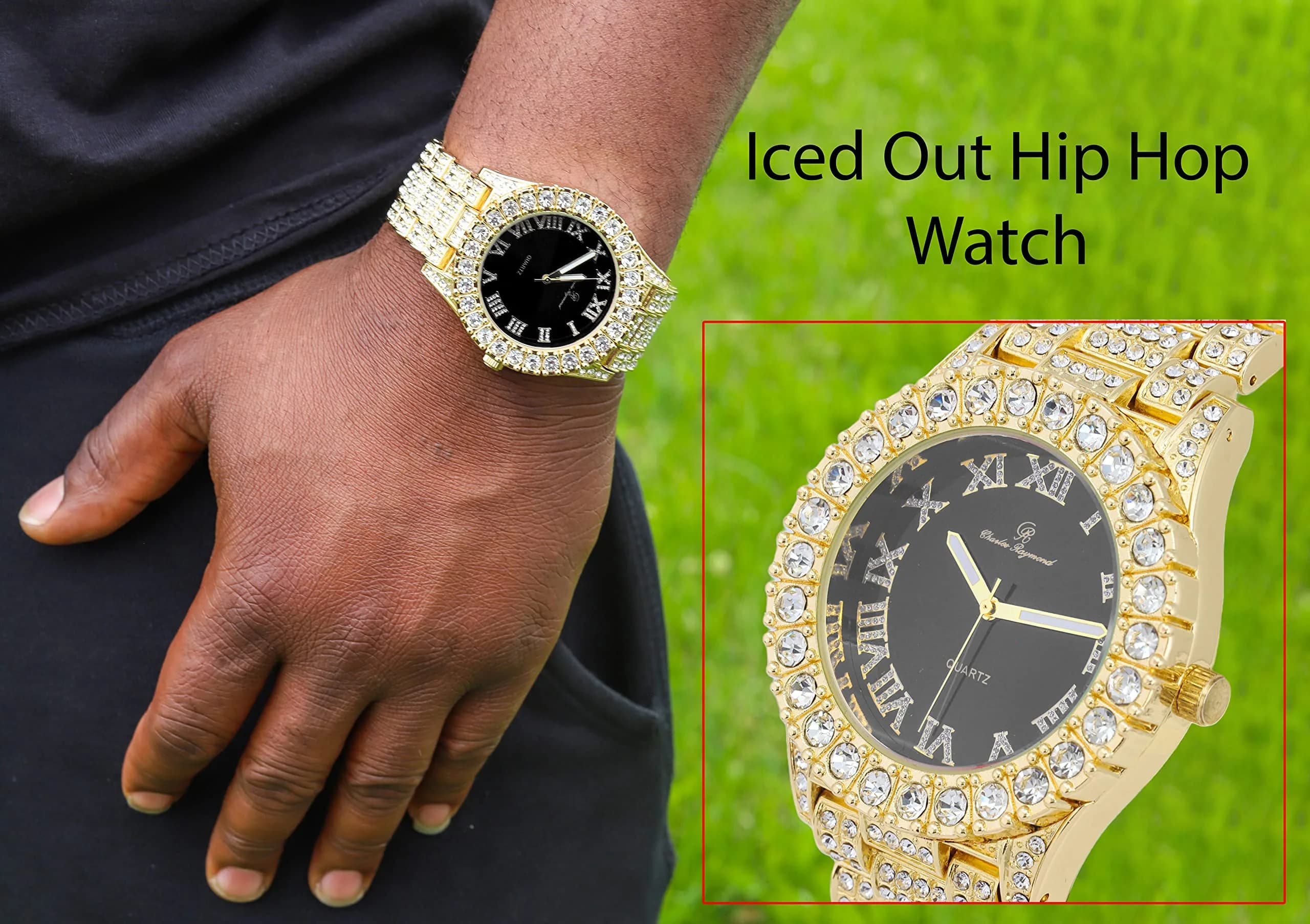 Charles Raymond Hip Hop Iced Out Watch with Gold Black Panther Dial & Silver Tone Finish | 42mm Case - view 4