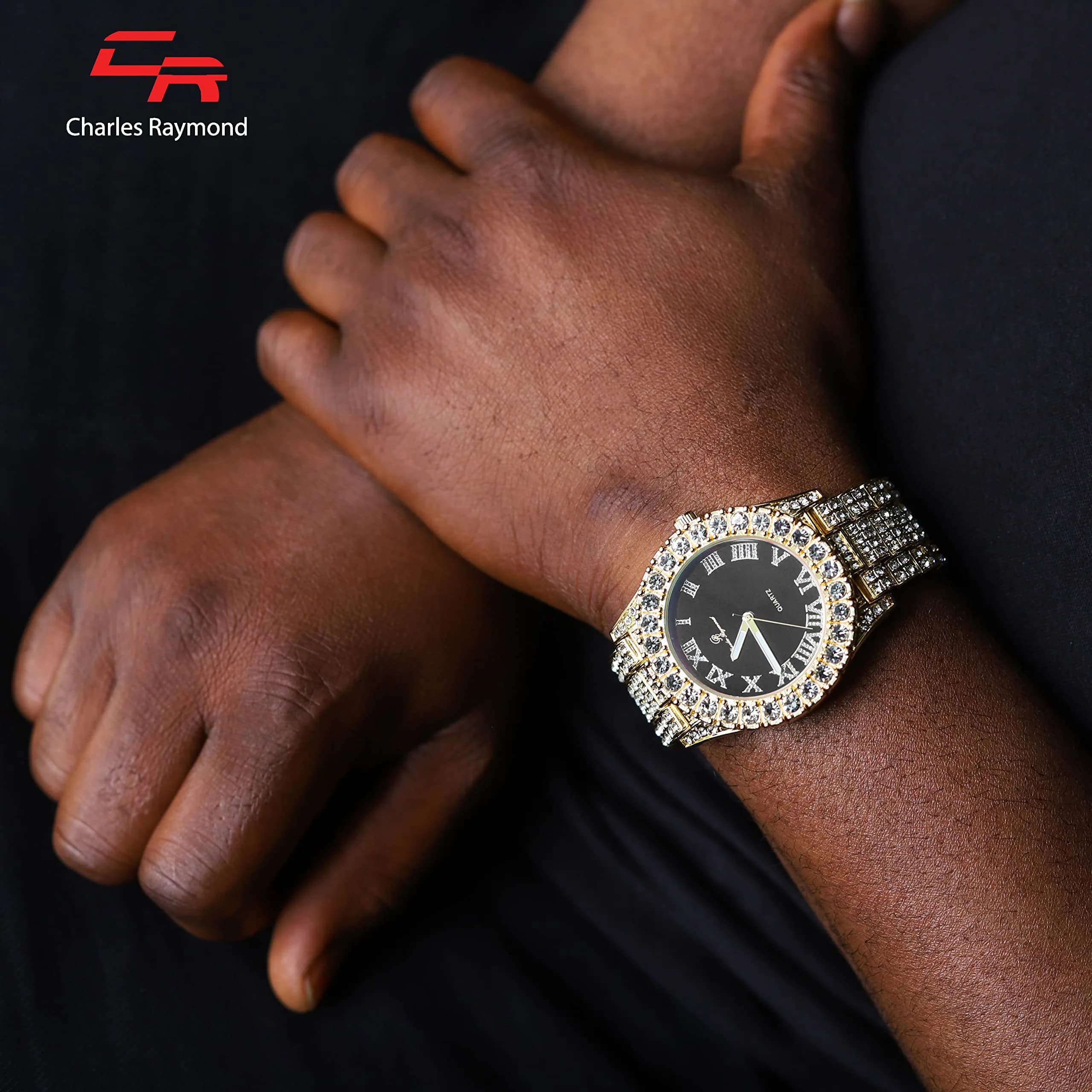 Charles Raymond Hip Hop Iced Out Watch with Gold Black Panther Dial & Silver Tone Finish | 42mm Case - view 2