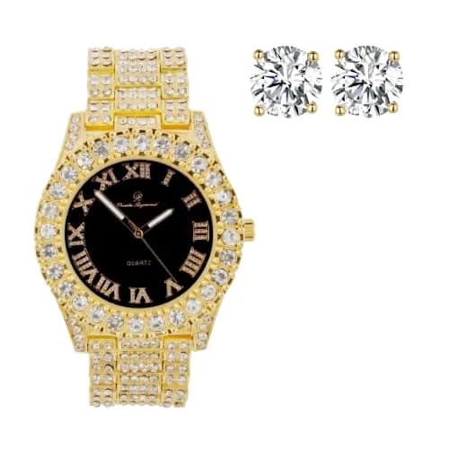 Charles Raymond Hip Hop Iced Out Watch with Gold Black Panther Dial & Silver Tone Finish | 42mm Case - main product image