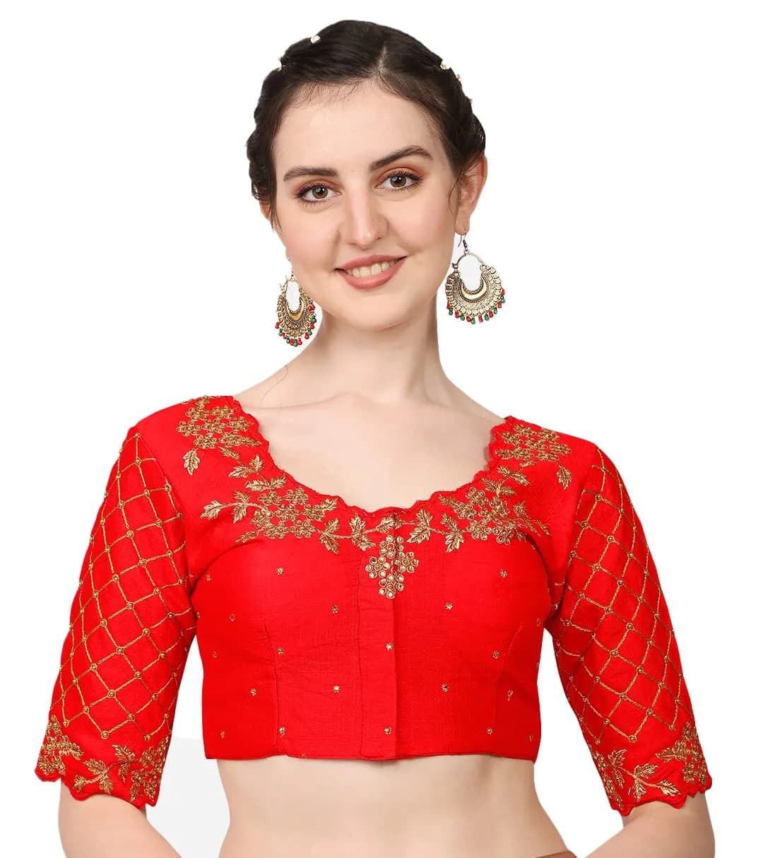 Pujia Mills Women's Red Choli 38 | Hand-Embroidered Silk Blouse with Stone Work - main product image
