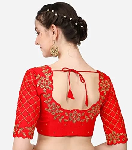 Pujia Mills Women's Red Choli 38 | Hand-Embroidered Silk Blouse with Stone Work thumbnail 4
